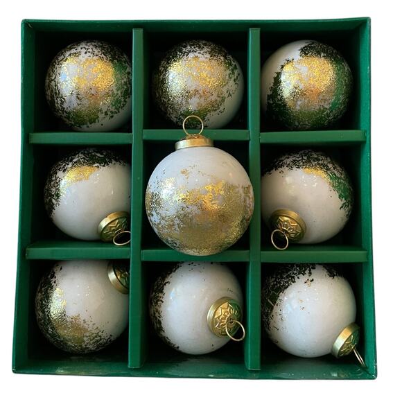 DOFT White & Gold Glass Christmas Ornaments 3in Set of 9 Holiday Glam New - Picture 11 of 16